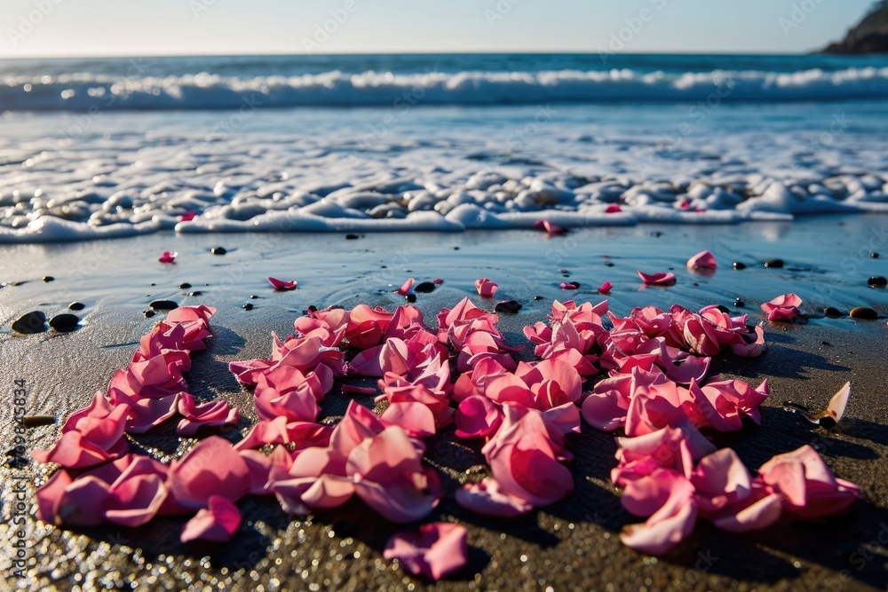 romantic beach of love rose petals on the coastline wide view pragma