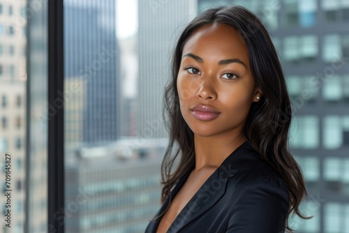 Close-up studio portrait of an American woman as a tech entrepreneur, with a backdrop of a modern office skyline.