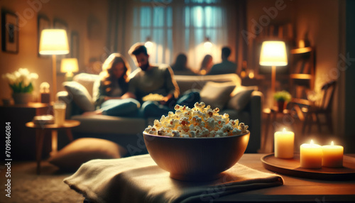 The scene features a bowl of buttery popcorn in the foreground