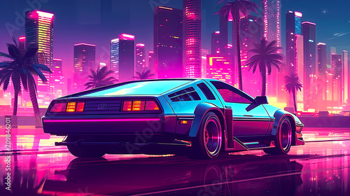 Synthwave styled car on road with tropical palm trees around. Postproducted generative AI illustration.