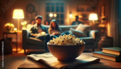 The scene features a bowl of buttery popcorn in the foreground