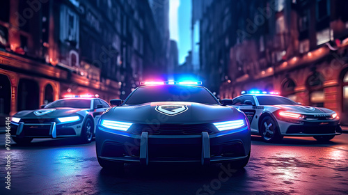 Three police cars prepared for fast security intervention. Postproducted generative AI illustration. © LeArchitecto