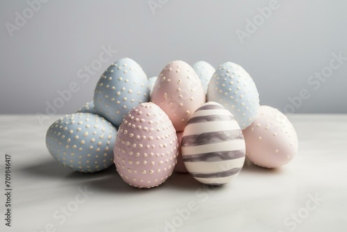 A set of decorated Easter eggs in soft hues, featuring specks, stripes, and patterns against a transparent backdrop. Generative AI