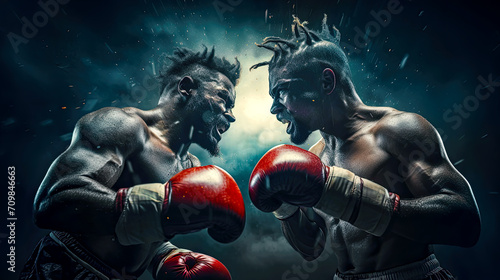 Two strong boxers at fight against each other. Postproducted generative AI illustration. © LeArchitecto