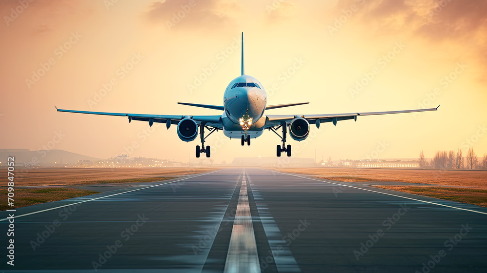 Fototapeta premium Aircraft in air above airport runway. Postproducted generative AI illustration.