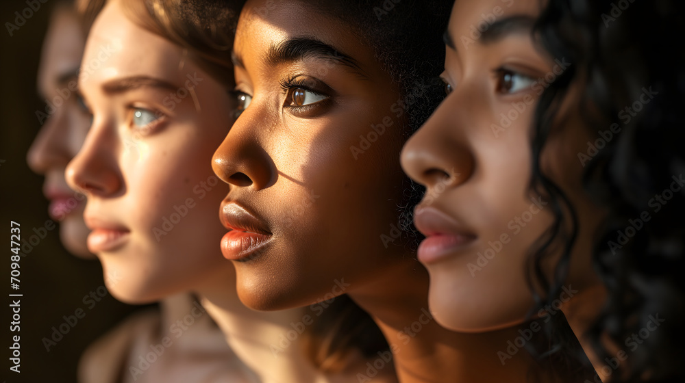 Diverse Beauty Portrait - Side View of Three Young Women with Sunlight
