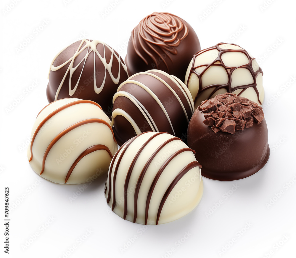 A close-up image showcasing a variety of gourmet chocolates, each with unique designs and patterns, isolated on a white background.