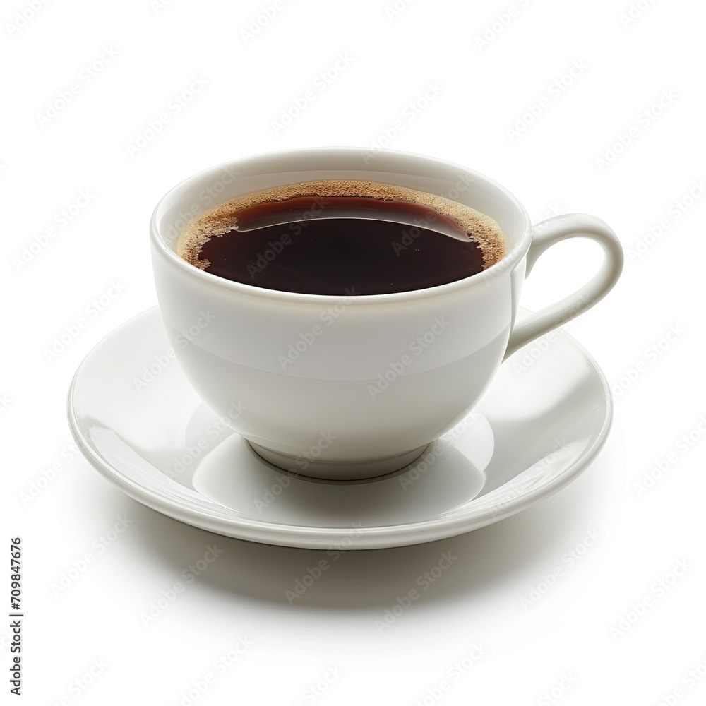 A close-up image showcasing a full, white coffee cup with a saucer, emphasizing the rich dark coffee and its inviting aroma.