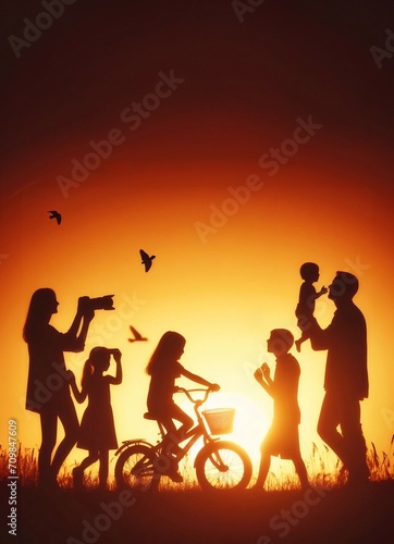 happy family leisure activities, silhouette photos, generative ai art illustration