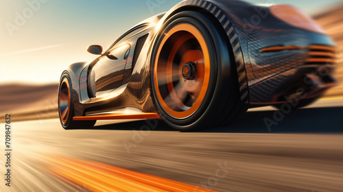 fast moving car on highway wallpaper Highway . Powerful acceleration of a supercar illustration . Closeup poster  © adel