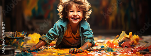 happy funny child draws laughing dirty with paint