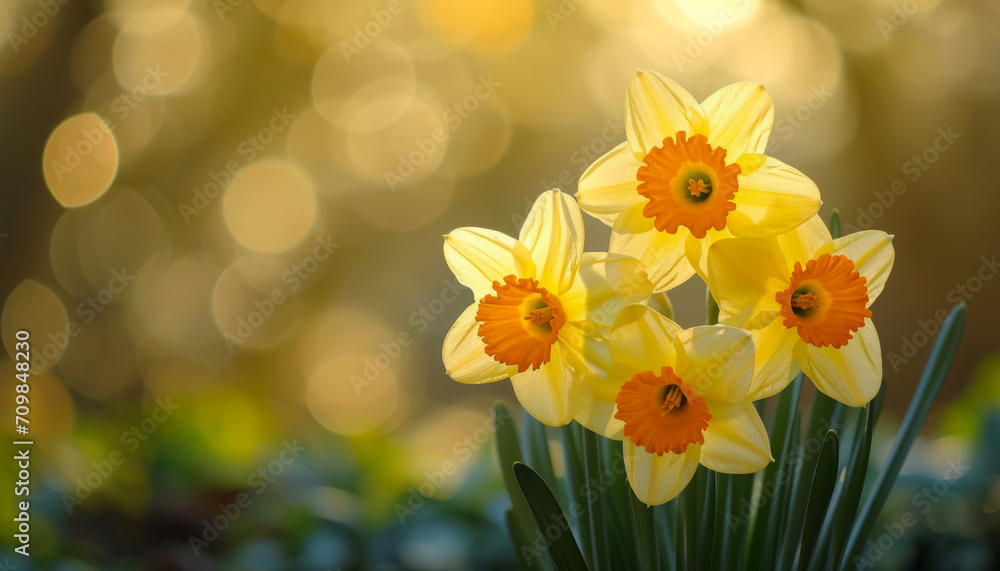 Sunlit daffodils,duke of rothesay narcissus against a blurred background, creating a serene scene,AI generated Sunlit daffodils,duke of rothesay narcissus against a blurred background, creating a serene scene,AI generated
