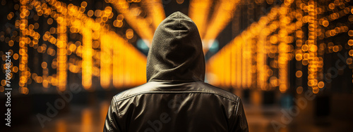 cybersecurity and hacker,coding,malware concept.Hooded computer hacker in cybersecurity on server room background.metaverse digital world technology.