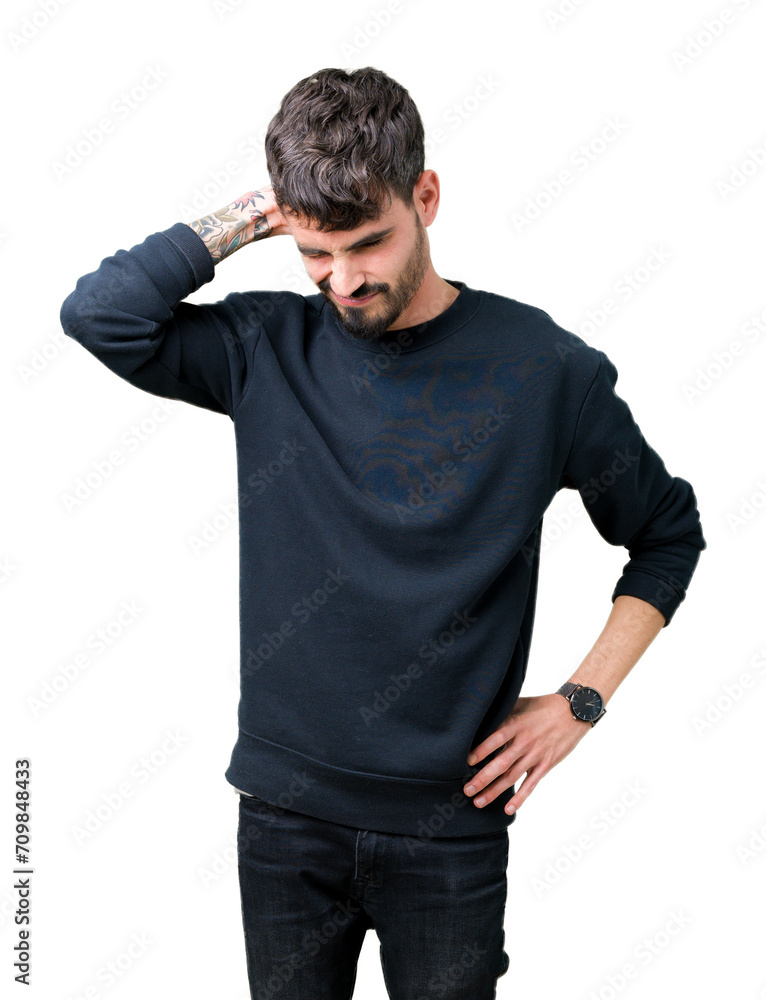 Young handsome man over isolated background Suffering of neck ache injury, touching neck with hand, muscular pain Young handsome man over isolated background Suffering of neck ache injury, touching neck with hand, muscular pain