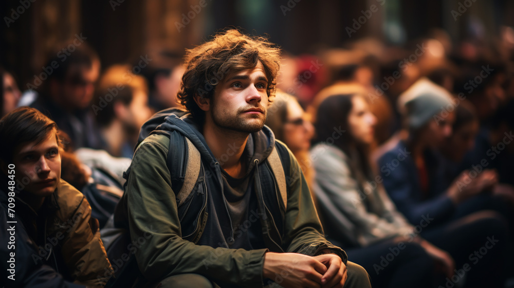 Education And Learning Concept. Portrait of tired and bored student sitting at desk Education And Learning Concept. Portrait of tired and bored student sitting at desk
