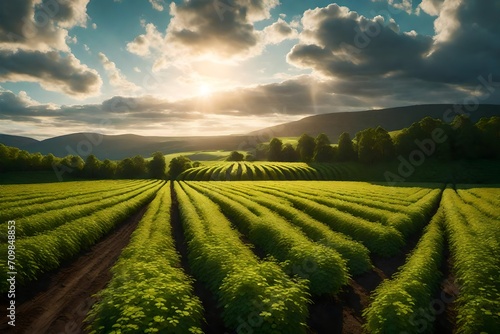 Envision a mesmerizing panorama capturing the harmony of nature  featuring vibrant fields and orderly rows of currant bush seedlings.