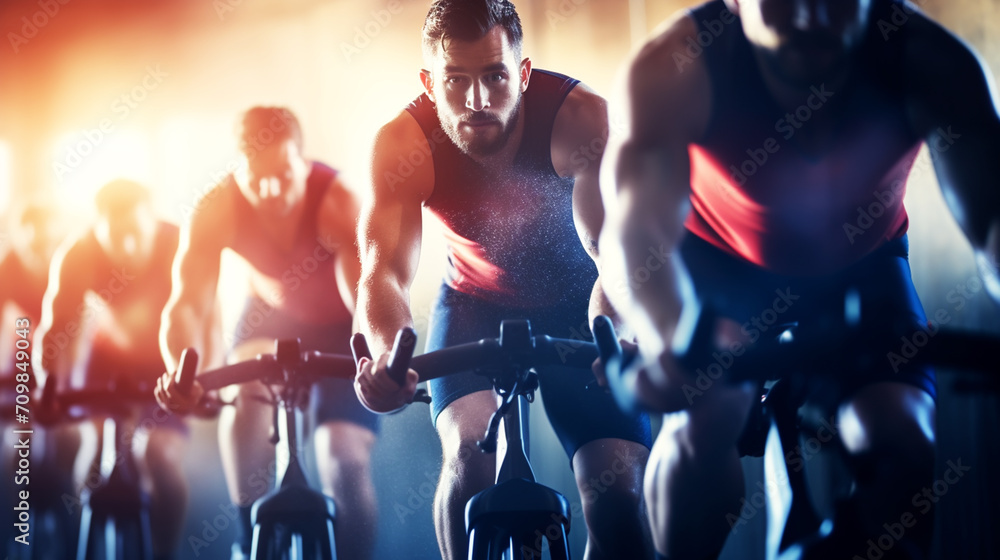 people biking in spinning class at modern gym, exercising on stationary bike. group of caucasian people athletes training on exercise bike - obrazy, fototapety, plakaty 