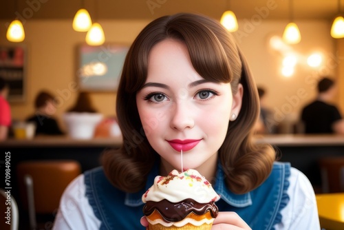 young woman at a retro cafe  savoring a sundae  retro vibe