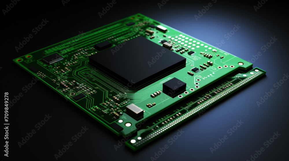 Minimalistic image of green printed circuit board with processor on black background with copying space. Generative AI Minimalistic image of green printed circuit board with processor on black background with copying space. Generative AI
