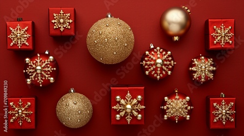 Elegant Christmas Ornament Arrangement with Stylish Gift Boxes, Red and Gold Decor, and Glimmering Star on Festive Red Surface - Holiday Celebration Ready!