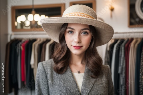 young woman at a vintage clothes shop, trying on hats