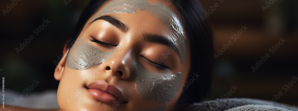 Face peeling mask, spa beauty treatment, skincare. Woman getting facial care by beautician at spa salon, side view, close-up - obrazy, fototapety, plakaty 