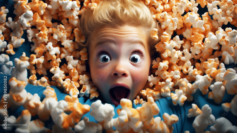 Surprised kid watching movie in cinema theater - obrazy, fototapety, plakaty 