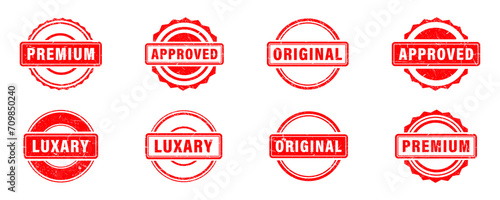 Red rubber stamp collection. Premium, Luxary, Approved, Original text stamp. Rubber stamp frame. photo