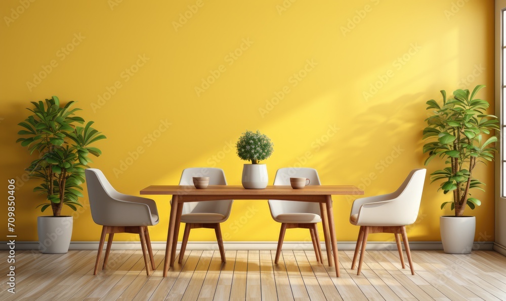 Interior of modern dining room with yellow walls, wooden floor, white armchairs and round table.
