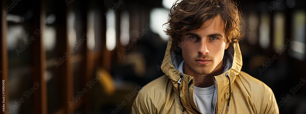 
Banner of a handsome young man with light blue eyes and a yellow jacket on a diffuse background with copy space. Handsome boy with light brown hair looking at the camera. - obrazy, fototapety, plakaty 