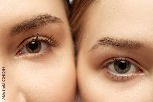 Extremely close up photo of beautiful female eyes with long eyelashes and well-groomed eyebrows. Eyelash extensions. Concept of anti-aging treatment, moisturized cosmetic products. Ad photo
