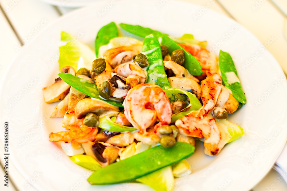 Salad with shrimps, mushrooms, capers with green peas Salad with shrimps, mushrooms, capers with green peas