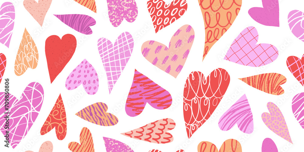 Colorful hearts seamless pattern with hand drawn textures, lines and doodles. Bright grunge texture. Trendy design. Modern art background. Vector illustration for Valentine's Day. Colorful hearts seamless pattern with hand drawn textures, lines and doodles. Bright grunge texture. Trendy design. Modern art background. Vector illustration for Valentine's Day.