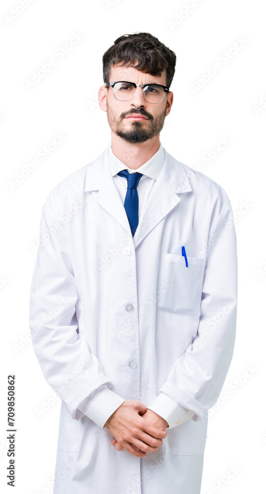 Young professional scientist man wearing white coat over isolated background skeptic and nervous, frowning upset because of problem. Negative person. Young professional scientist man wearing white coat over isolated background skeptic and nervous, frowning upset because of problem. Negative person.