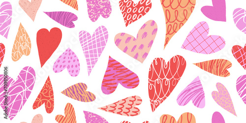 Colorful hearts seamless pattern with hand drawn textures, lines and doodles. Bright grunge texture. Trendy design. Modern art background. Vector illustration for Valentine's Day.