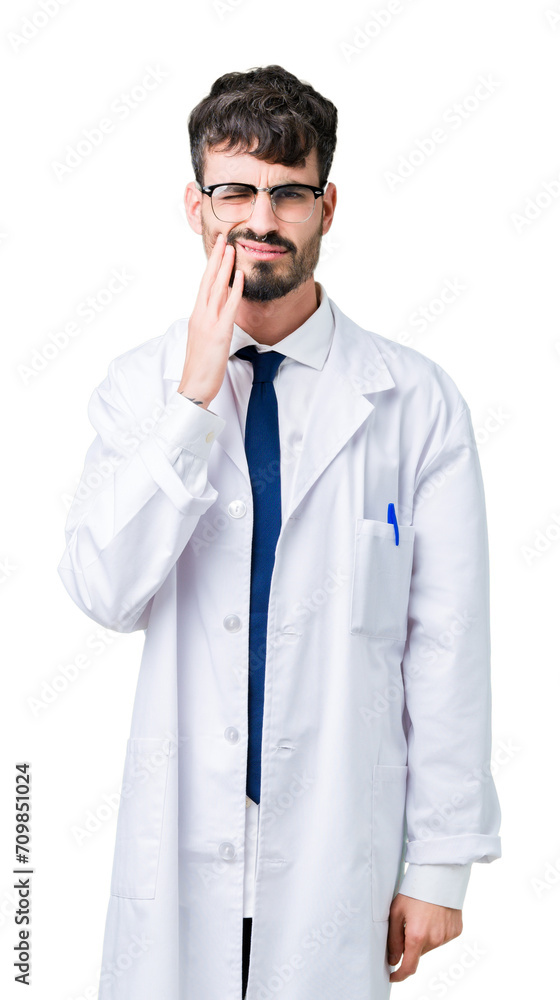 Young professional scientist man wearing white coat over isolated background touching mouth with hand with painful expression because of toothache or dental illness on teeth. Dentist concept. Young professional scientist man wearing white coat over isolated background touching mouth with hand with painful expression because of toothache or dental illness on teeth. Dentist concept.