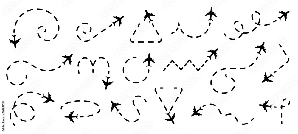 Airplane line path icons. Vector illustration of air plane flight route. Plane route line. Planes dotted flight pathway.