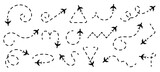 Airplane line path icons. Vector illustration of air plane flight route. Plane route line. Planes dotted flight pathway.