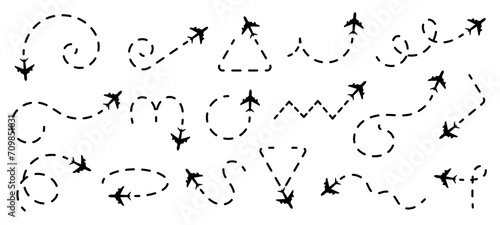 Airplane line path icons. Vector illustration of air plane flight route. Plane route line. Planes dotted flight pathway.