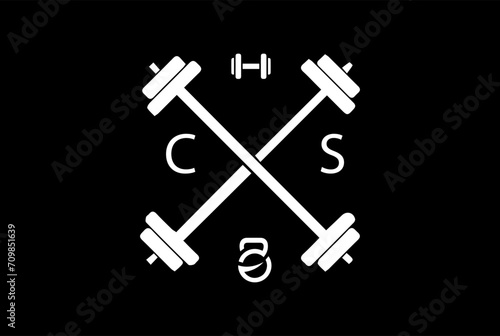 Simple Barbell GYM Cross Illustration Logo Silhouette with dumbbell and kettlebell. 