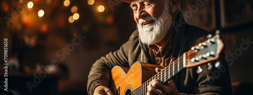 Elderly man playing guitar at home photo