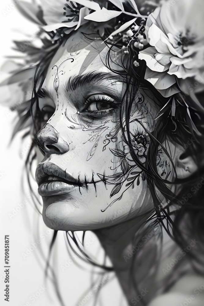 Fototapeta premium Calavera Elegance: Black and White Portrait of a Young Woman Adorned for the Mexican Celebration Dia de los Muertos - A Striking Blend of Beauty and Tradition in Monochromatic Splendor - Generative AI