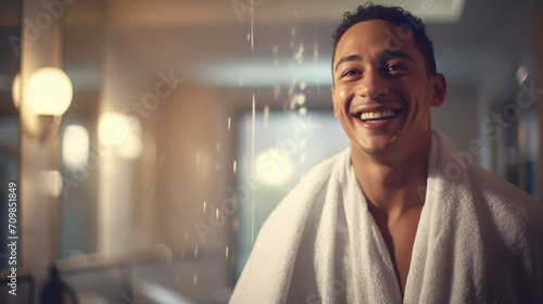 Man after shower with hygiene, towel and beauty photo