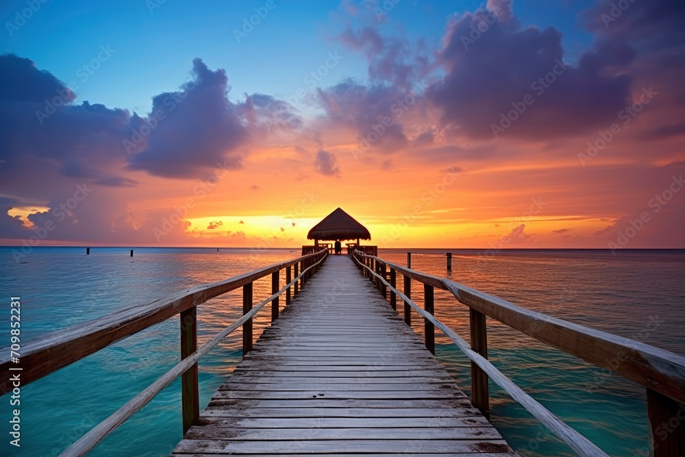 Sunset View from a Wooden Pier Leading to a Thatched Gazebo over the Ocean