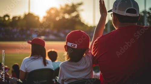 Parents and kids watching youth sports game, in the crowd at stadium cheering family playing baseball soccer field sport