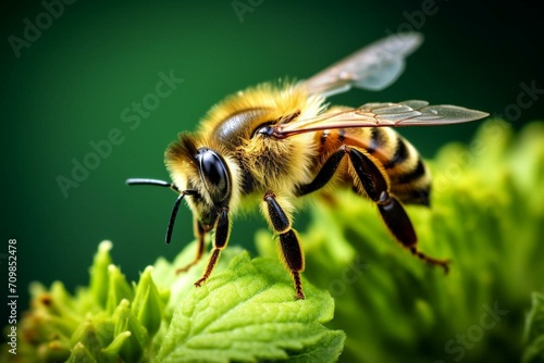 Close-up bee on plant, green background. Generative AI