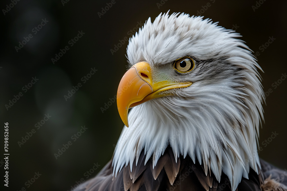 Obraz premium A closeup of a (bald ) sea eagle looking straight into the camera, Bald Eagle X. Bald headed eagle, side profile.