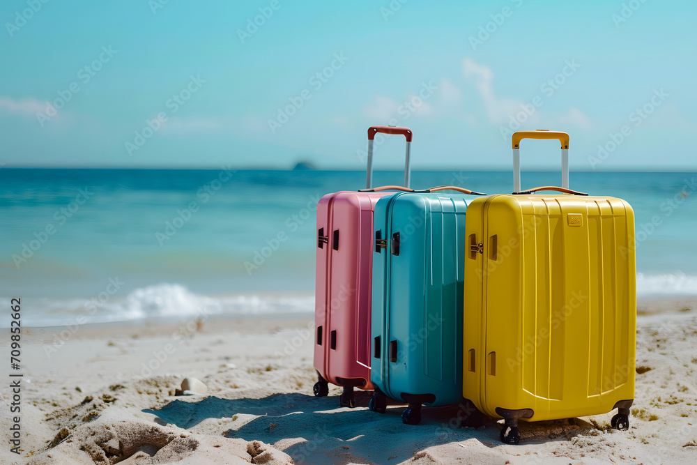 Tropische Reiseträume: Reisegepäck am Sandstrand in tropischen Gefilden, eine idyllische Szene voller Sommerfreuden und Urlaubsträume Tropische Reiseträume: Reisegepäck am Sandstrand in tropischen Gefilden, eine idyllische Szene voller Sommerfreuden und Urlaubsträume