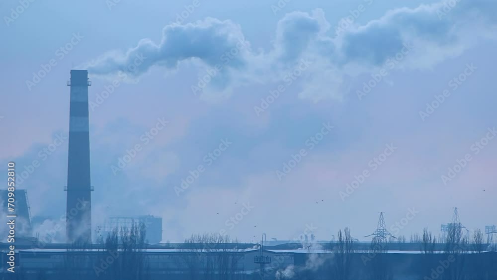 Smoke, gas and steam industry. Heavy industry. Smoking chimneys. Toxic substances. Metallurgical factory background. Poisoned air. Damage to nature. Cause of global warming. Blue background. Smoke, gas and steam industry. Heavy industry. Smoking chimneys. Toxic substances. Metallurgical factory background. Poisoned air. Damage to nature. Cause of global warming. Blue background.
