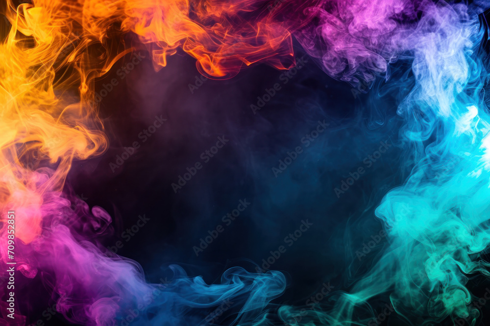Colourful smoke on a black background, frame made of smoke, copy space 